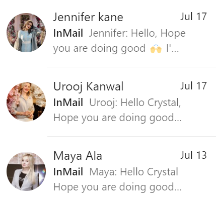 Screenshot of 3 LinkedIn messages from 3 different people with the same opening lines