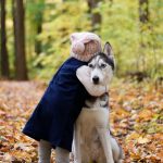 Girl in pink hat and blue coat hugging a Husky dog in a forest
