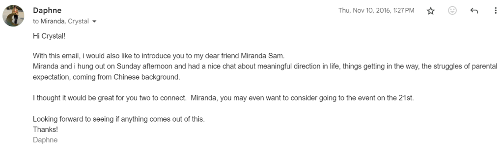 Screenshot of an email where Daphne introduces Crystal and Miranda