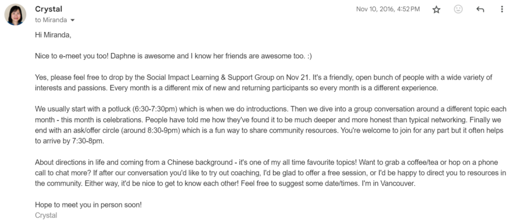 Screenshot of an email where Crystal invites Miranda to an event and a coffee chat