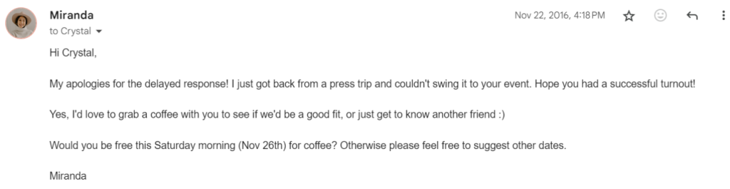 Screenshot of an email where Miranda coordinates a coffee chat time with Crystal